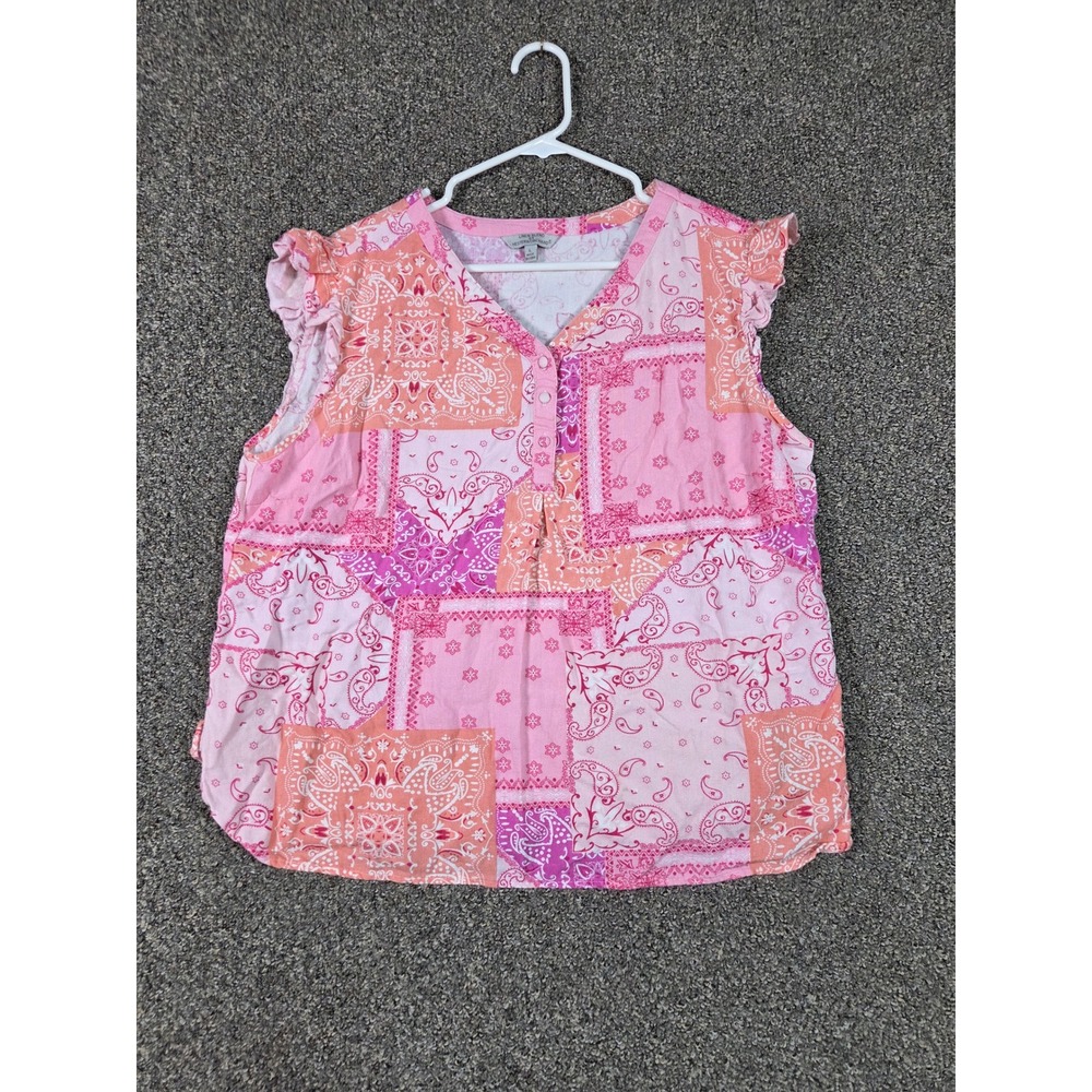 Linen‎ Blend by Hester & Orchard Top Womens L Pink Paisley Ruffle Cap Sleeve